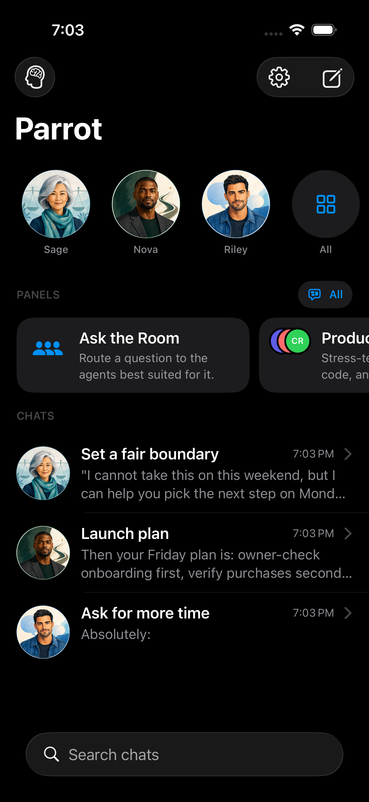 Parrot inbox showing chats with several personas.