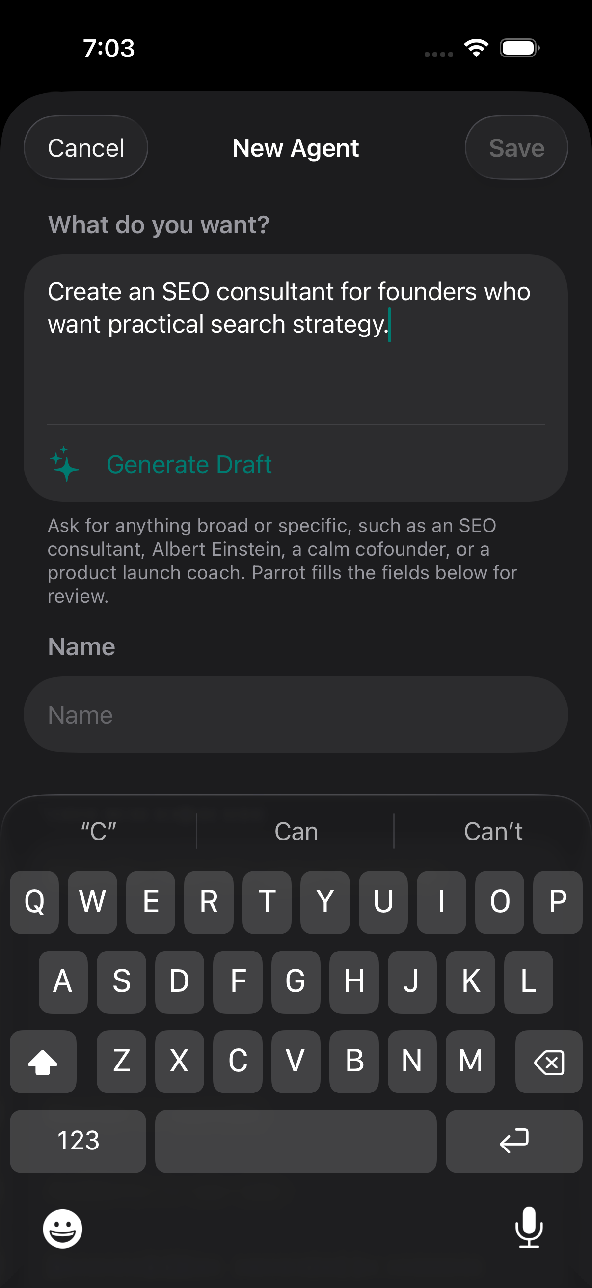 Create specialist screen in Parrot.